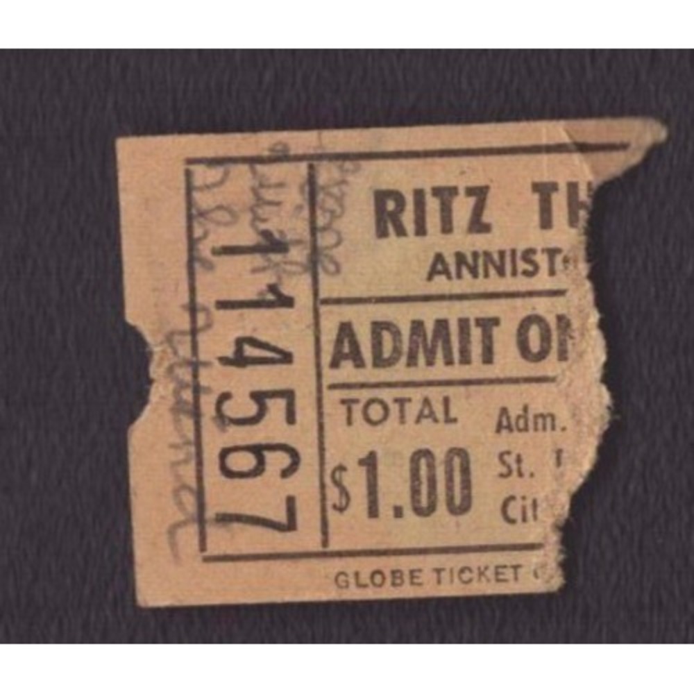 Vintage Ritz Theater Ticket Stub Anniston Alabama Globe Ticket Co Movie Ephemera - Picture 1 of 2